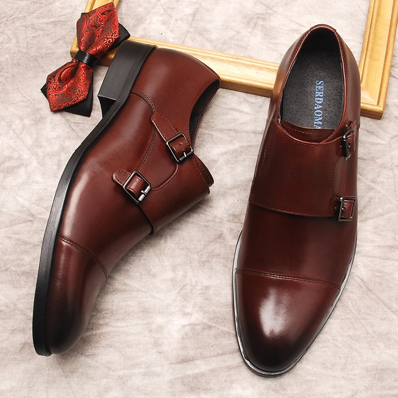 Luxury Men Slip On Double Monk Strap Dress Genuine Leather Shoes