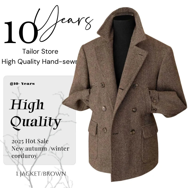 Men's Vintage Herringbone Tweed Blazer British Double Breasted Lightweight Coat