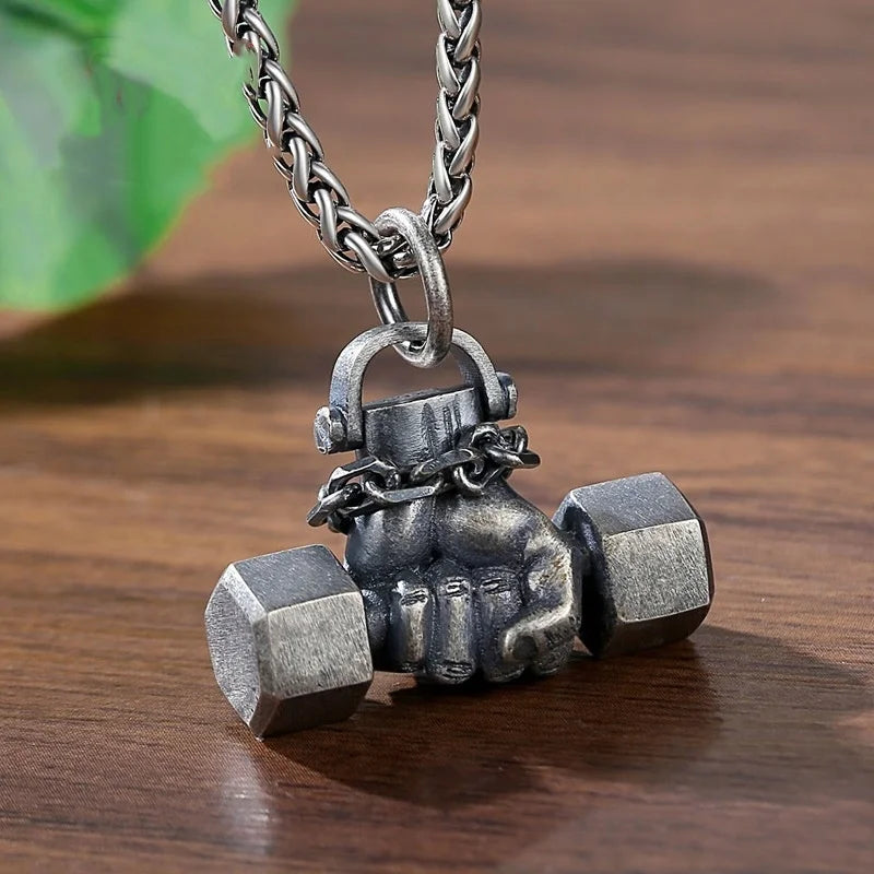 925 Sterling Silver Vintage Fist Dumbbell Necklace Pendant For Women Men Fine Jewelry
