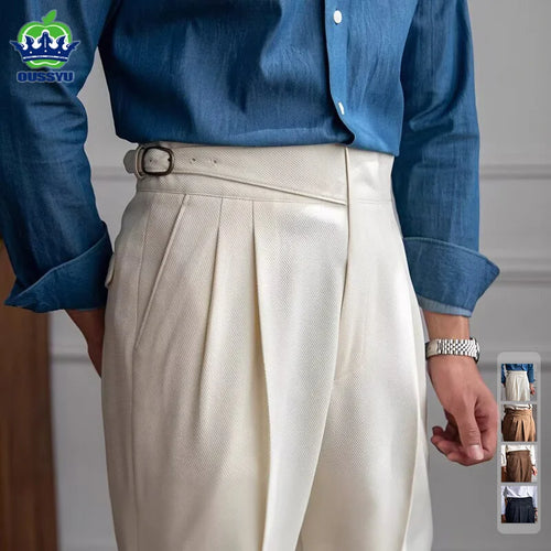 Italian Naples Style Men's Suit Pants High Waisted Straight Fit Formal Trousers