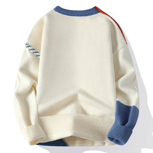 Warm Men's Knitted Patchwork O Neck Knit Pullovers Korean Streetwear