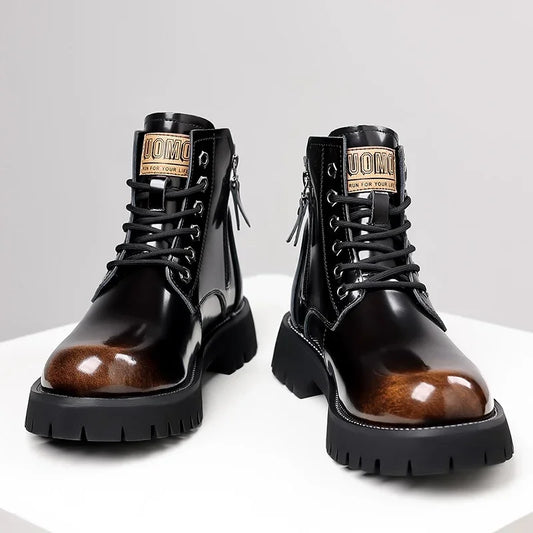 Shiny Genuine Leather Men's Platform A Men High-top Boots