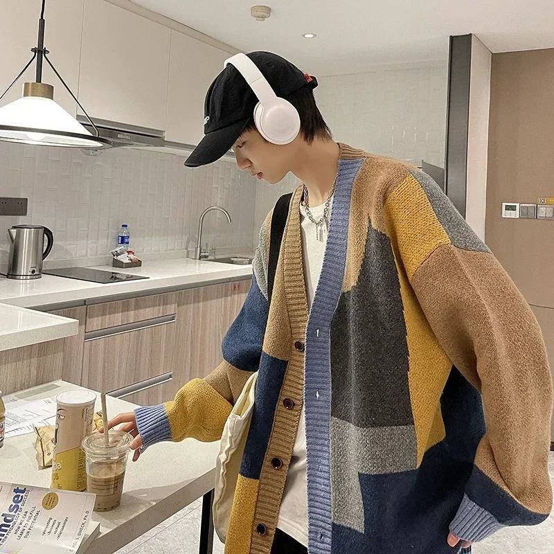 V Neck Cardigan Graphic Hippie Knitted Sweaters for Men Harajuku Fun Large Size