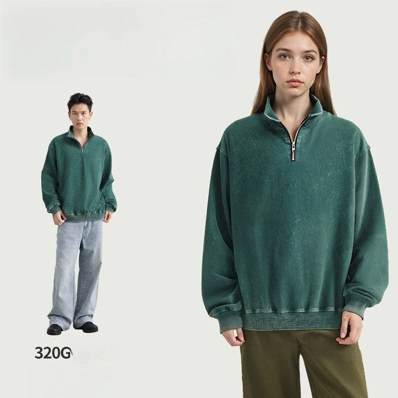 Inspired Streetwear Cotton Vintage Washed Half - Zip Stand Collar Unisex Sweatshirt