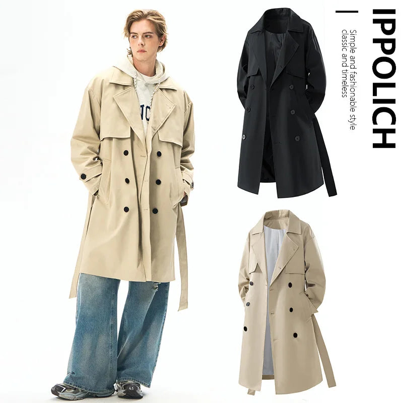 Men's Streetwear Windbreaker Trench coat Solid Casual Loose Long Overcoat