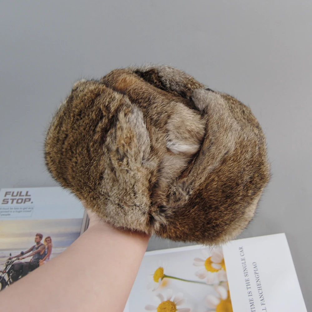 Men's Warm Natural Rabbit Fur With Earflaps Russian Ushanka Hats