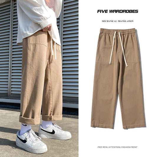 Beige/Khaki/Black Men Cotton Straight Streetwear Hip Hop Wide Leg Trousers