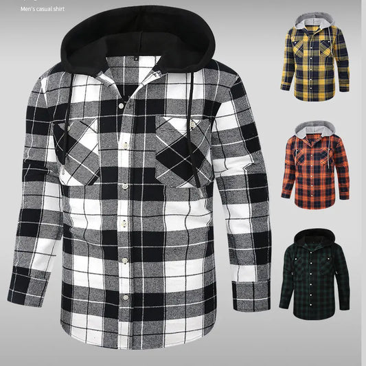 American size men's shirt long hooded plaid coat ground flannel