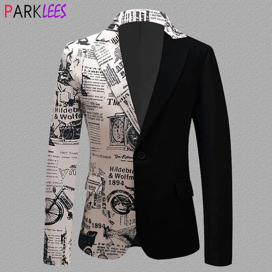 Newspaper Pattern Patchwork Suit Jacket Men's One Button Notched Lapel Blazers