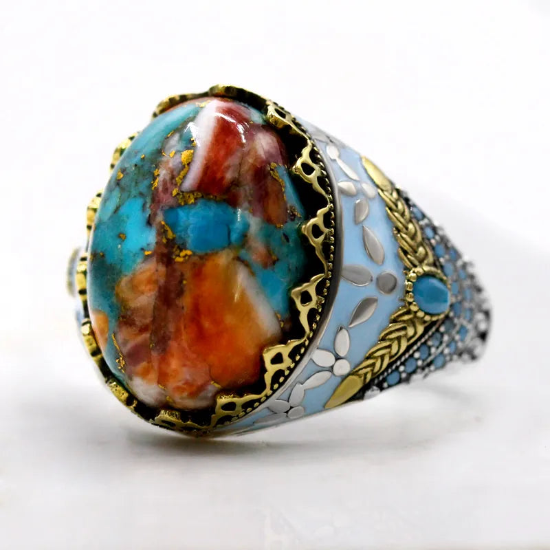 True Silver Türkiye Men's Ring with Big Oyster Turquoise 925 Silver Vintage Resin Ring