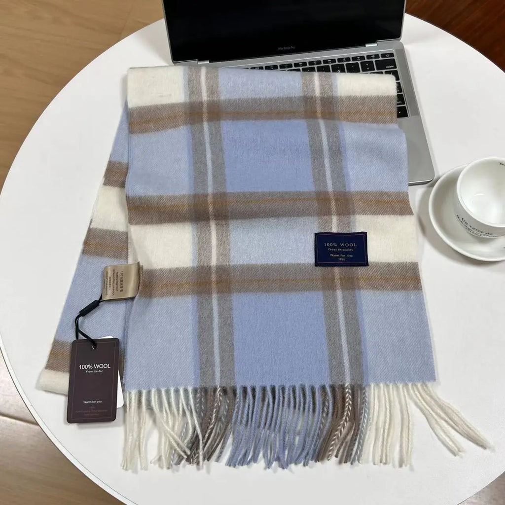 Men 100% Wool Plaid Muffler Cashmere Windproof Stripe Tassel Shaw Thick Scarf