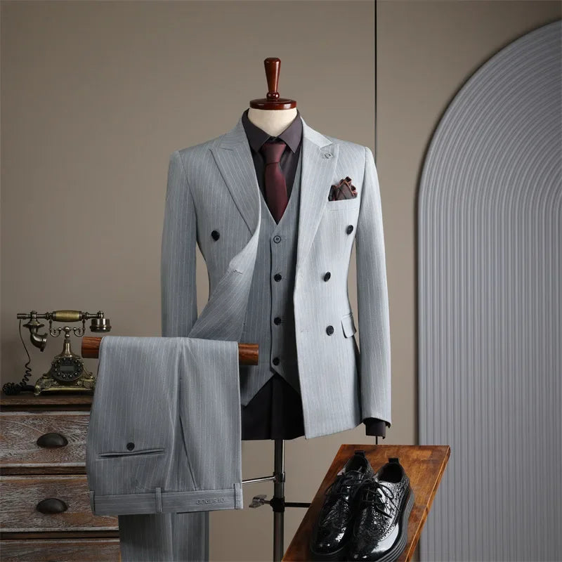 High-end Double-breasted Striped Suit for Men Casual Dress