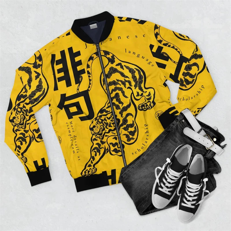 Harajuku Japanese Graffiti Men's Oversized 3D Long Sleeve Zipper Bomber Jackets