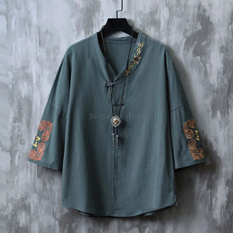 Chinese style short sleeved shirt men loose wushu retro elegant embroidery cotton linen top
