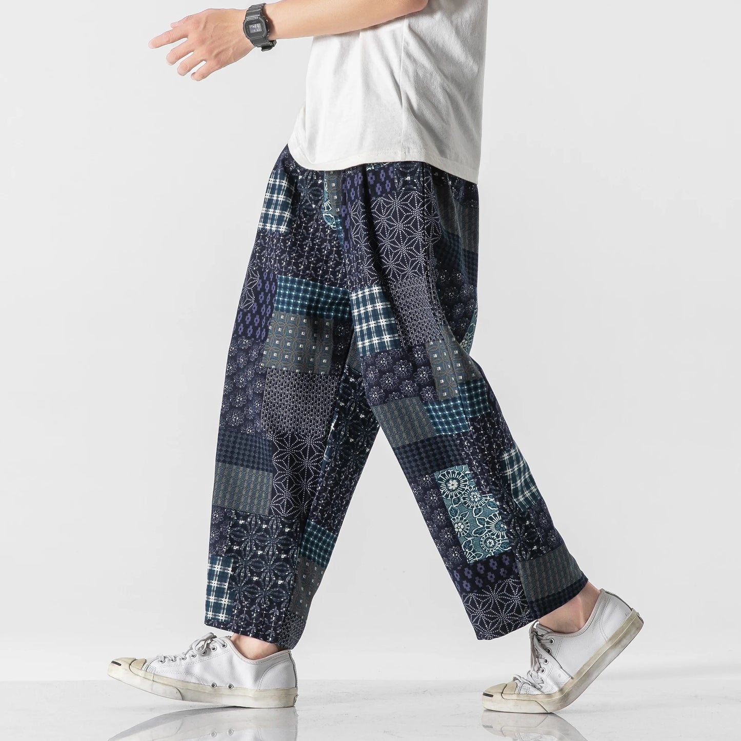 Summer Men's Harem Wide Leg Straight Patchwork Loose Streetwear Trousers M-3XL