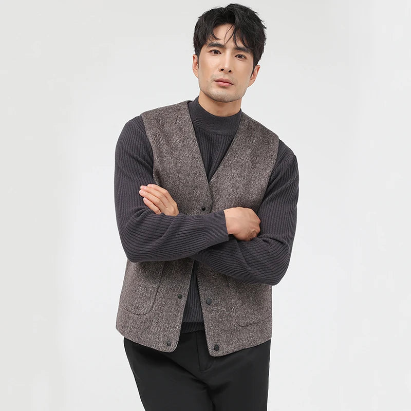 52.3% Sheep Wool Waistcoat Men Trendy Classic V-Neck Single Breasted Vest