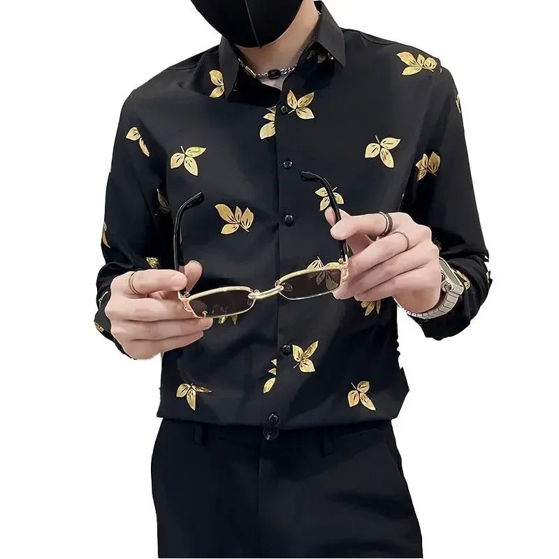 Shirts Graphic Printed Men's Shirt Korean Style Slim Fit Tops