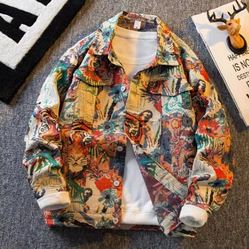 Tiger Jacquard Denim Men's Korean Style Trendy Casual Jacket Aesthetic
