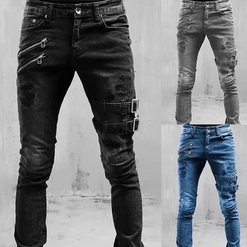 Retro thigh double zipper straight leg jeans men's street wear tight denim pants