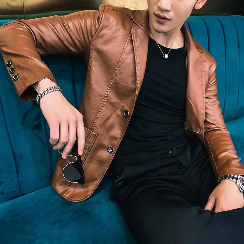 Korean Style Leather Blazer Single Breasted Men's Suit Designer Jackets