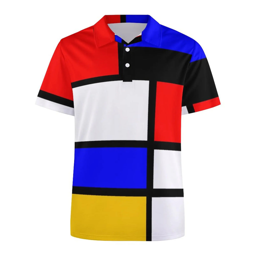 Multi Geometric Print Polo Mondrian Style Streetwear T-Shirts Collar Oversized Clothing