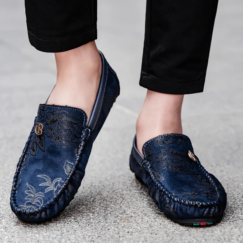 Rose Print Loafers Flats High Quality Suede Casual Shoes For Man