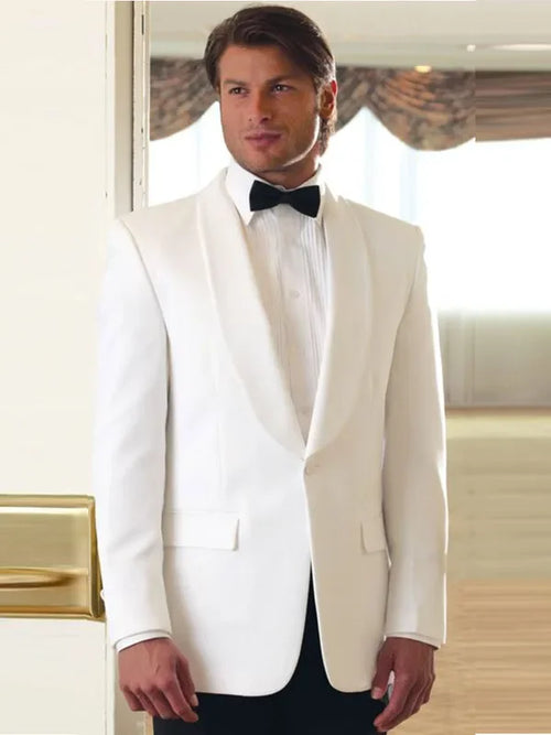 2 Pieces Ivory Men's Shawl Lapel One Button Blazer Black Pants Tuxedo Suit