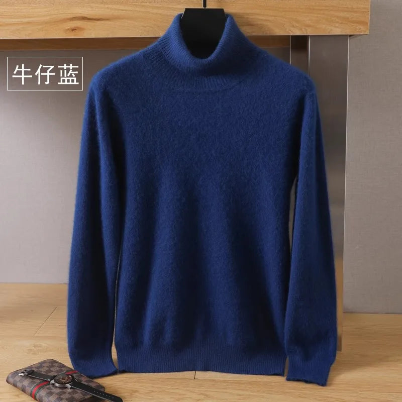 Men's 100% Mink Cashmere Sweater High Lapels Knitted Long Sleeve High-End Jumpers