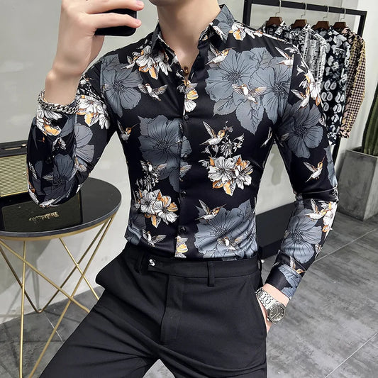 Floral Print Men Long Sleeve Slim High Quality Casual Shirts Tuxedo Blouse