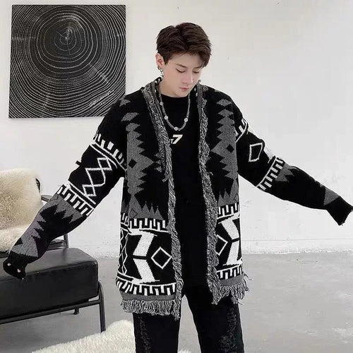 Men's Printed Tassel Knit Cardigan American Vintage HK Style Loose Casual Thin Woolen Sweater