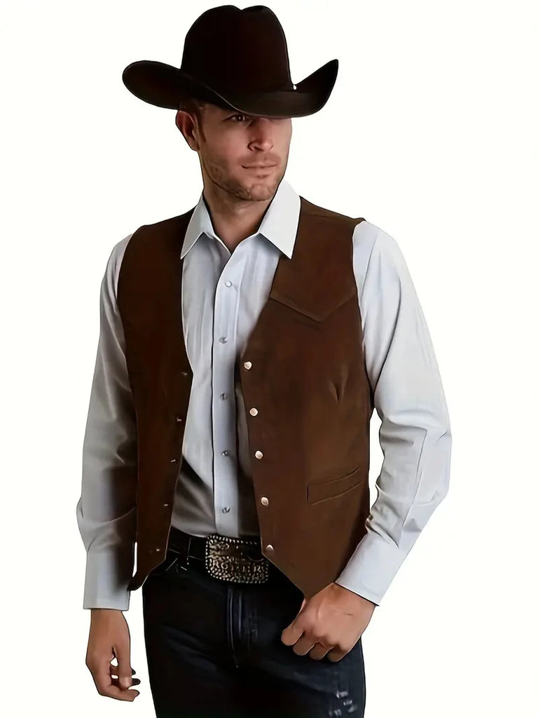 Vintage Suede Leather Men's Vest Slim Fit V-Neck Regular Fit Suit Waistcoat