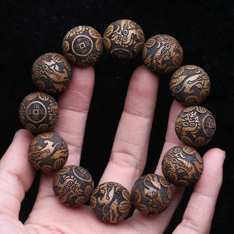 Multicolor Wooden Bracelet Men's 20mm Elastic Bead Lucky Mythical Animal Sculpture