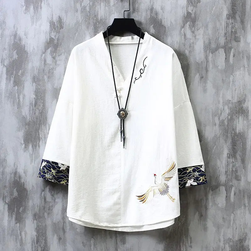 Chinese style short sleeved shirt men loose wushu retro elegant embroidery cotton linen top