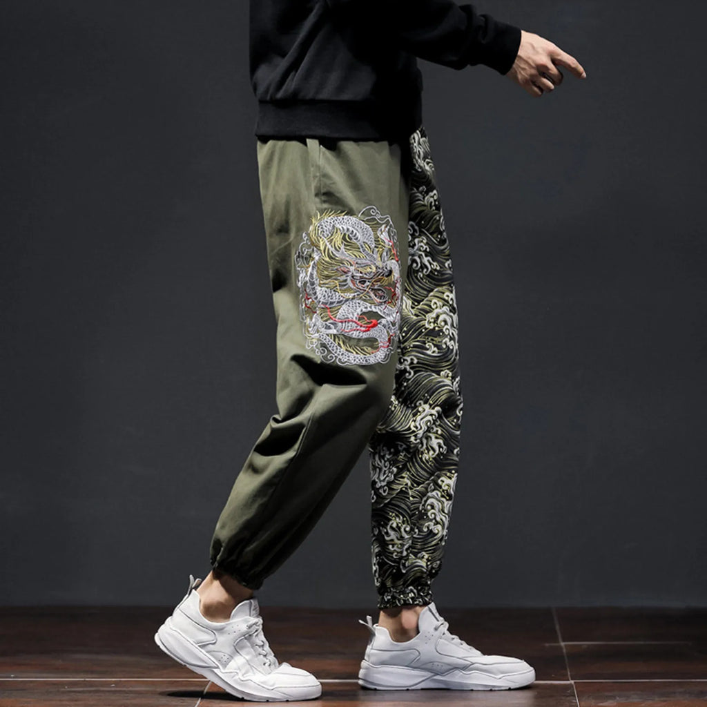 Flat Front Loose Men's Japanese Retro Embroidered Casual Trousers