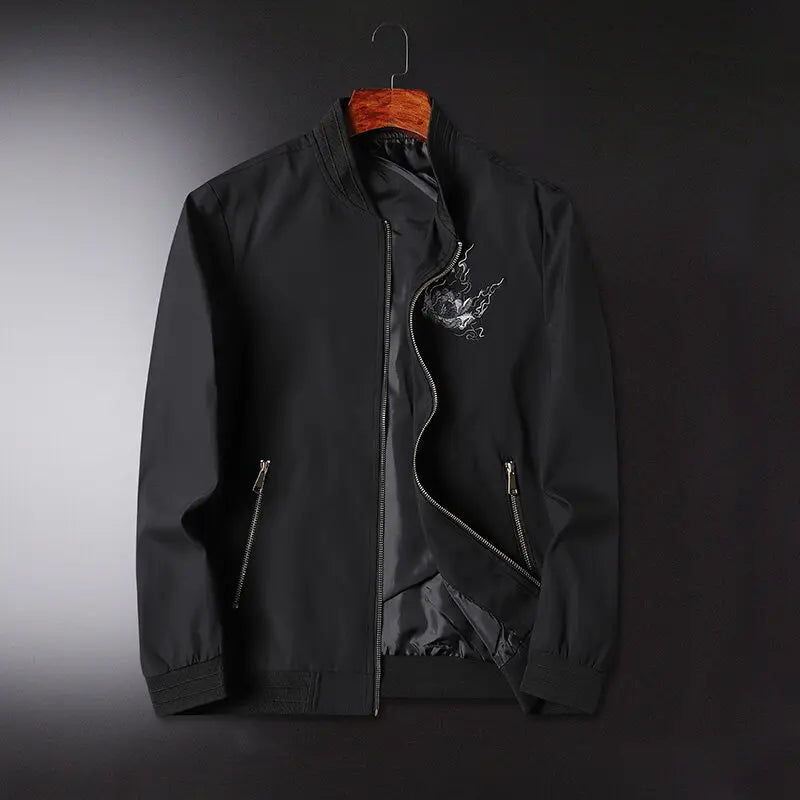 Chinese Men's Embroidered Stand Neck Zipper Jacket Solid Color Long Sleeve Coat