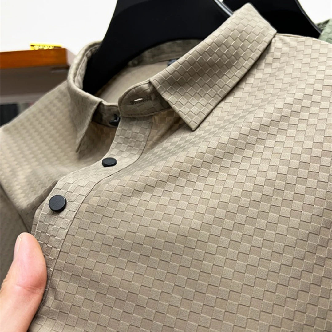 Luxury Ice Silk Lapel Breathable Polo Grid Print Short Sleeves Men's T-Shirt