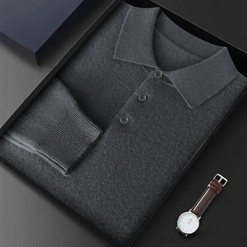 Men Australian Wool Pullover Flip Collar Sweater Long Sleeve High Quality Tops