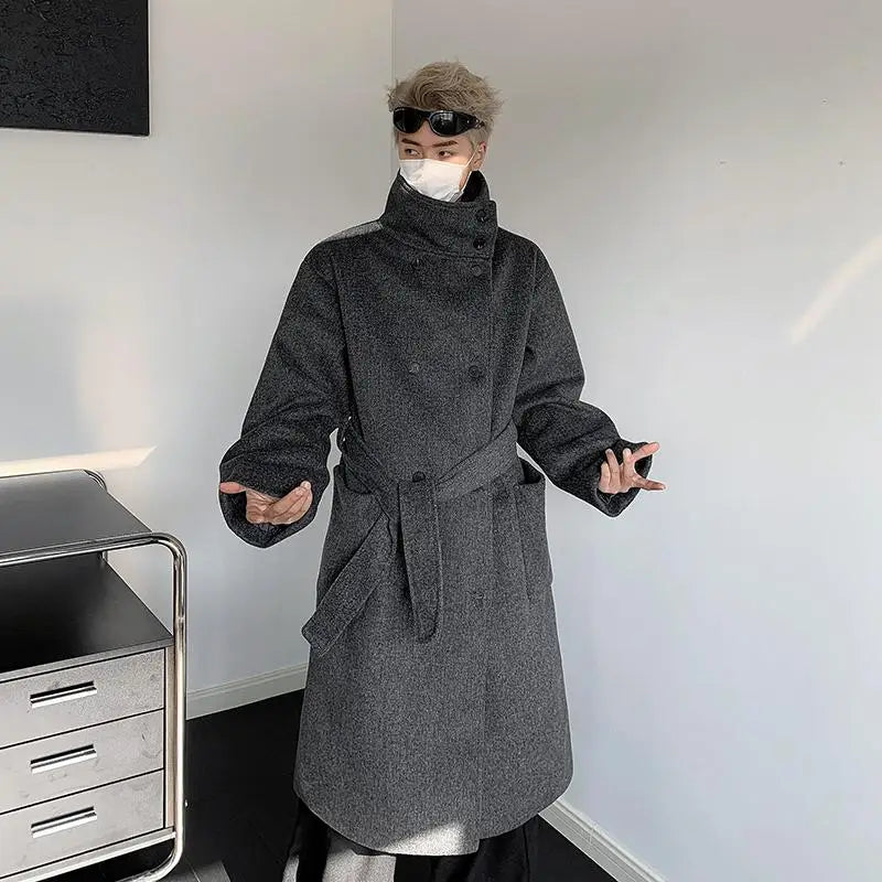 Men's Double-Breasted Wool Blend with Belt Loose Fit Solid Color Stand Collar Trench Coat