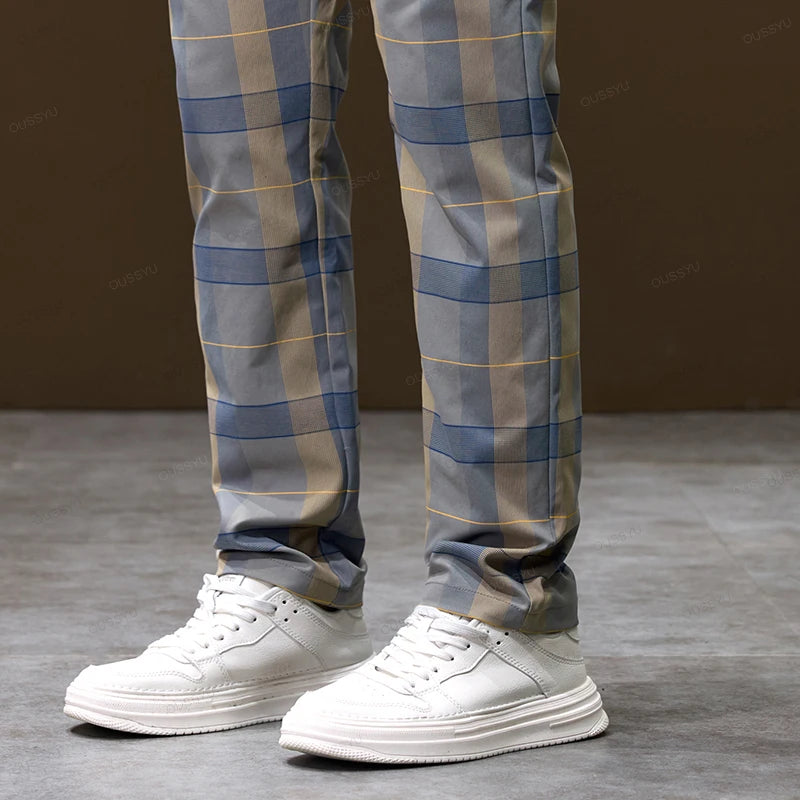 Luxury Plaid Casual Men Elastic Waist Slim Fit Korean Long Trousers