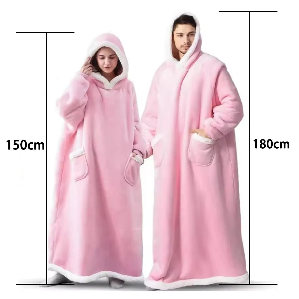 Super Long Flannel Blanket Pajamas with Sleeves Hoodies Unisex Pullover