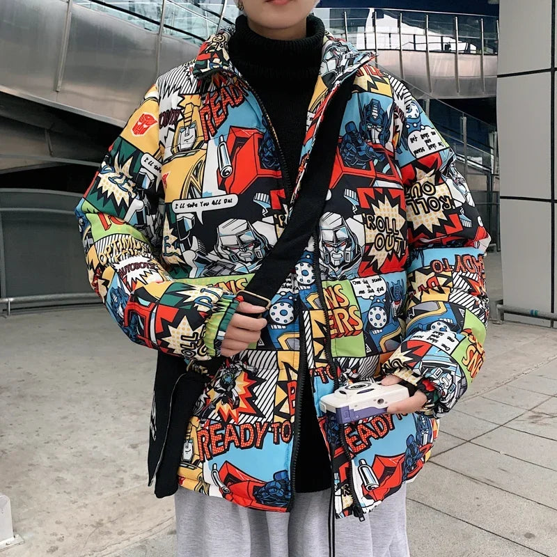 Graffiti Cartoon Print Parkas Streetwear Harajuku Men's Zipper Cotton Padded Jacket