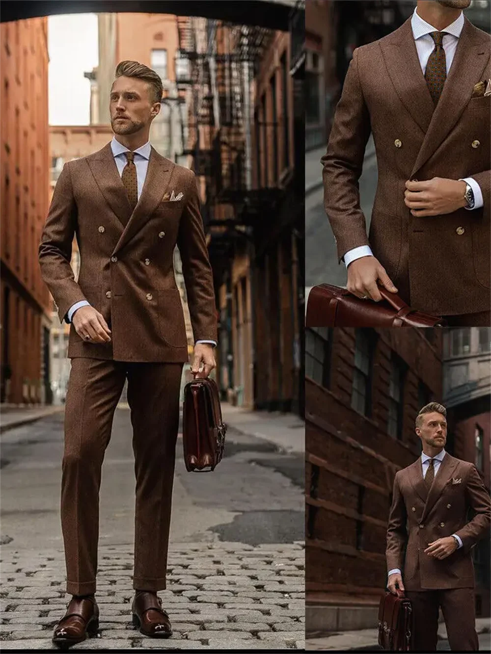 2 pcs brown Business Men Suits Slim Fit Jacket/pants Formal Tailored