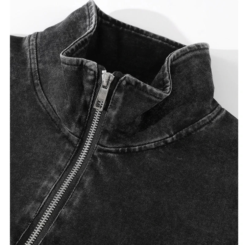 Inspired Streetwear Cotton Vintage Washed Half - Zip Stand Collar Unisex Sweatshirt