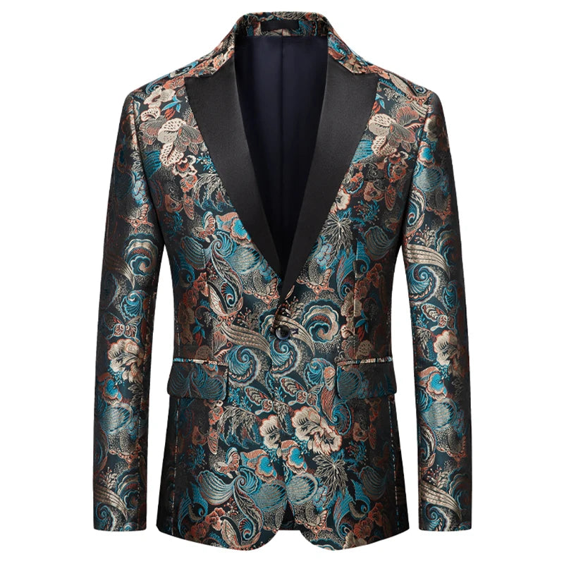 Peak Lapel Men Floral Suit Jacket Single Button Dress Coat