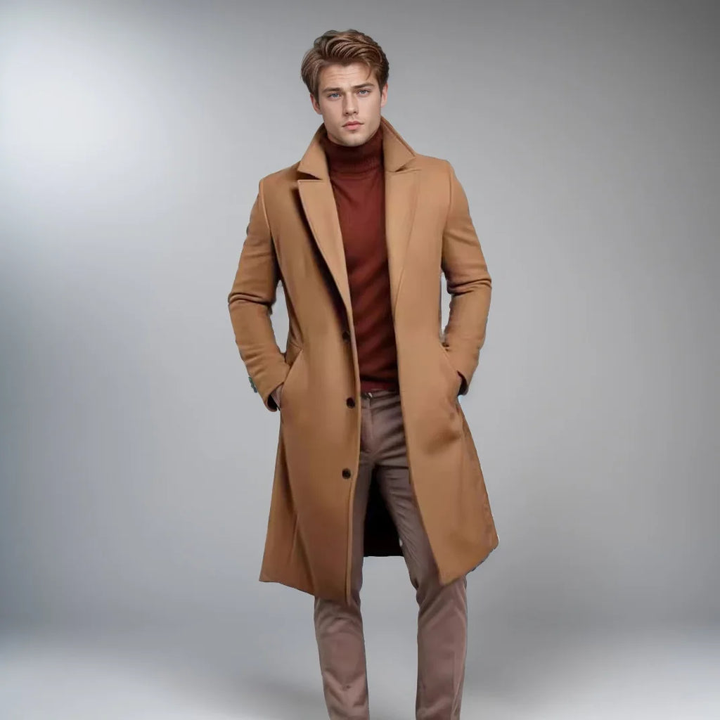 Men Elegant Woolen Jacket with Lapel Pockets Slim Solid Color Collar Trench Coat