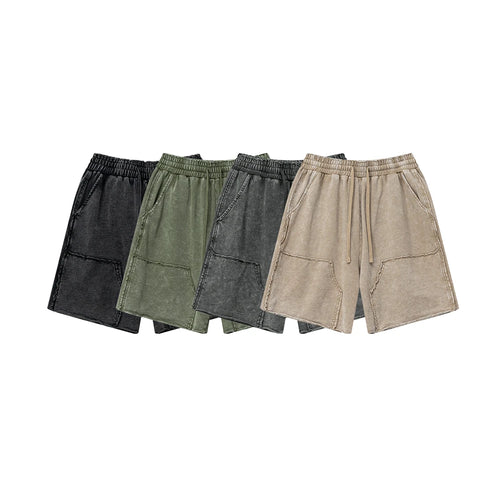 Retro Men Batik Washed Cotton Unisex High Street Loose Fit Distressed Shorts
