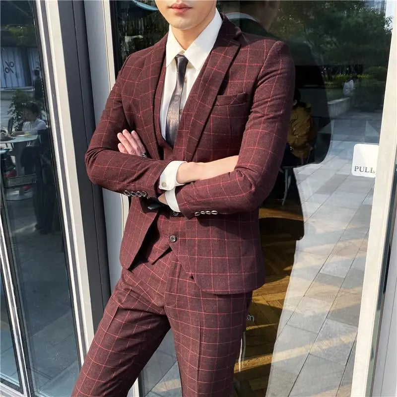 Men's British Three-piece Set Slim Fit Suit Vest Trousers Ensemble Handsome All-in-one