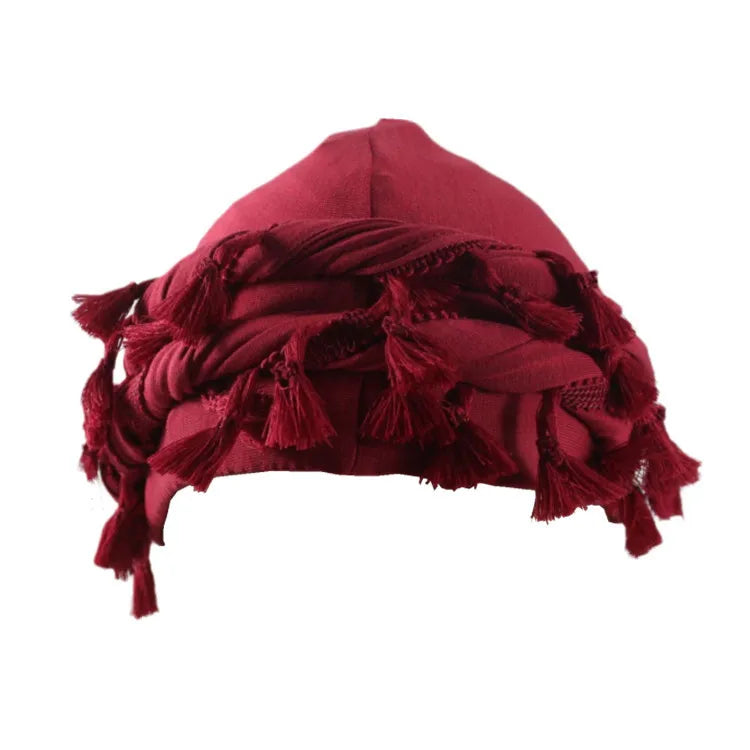 Men Burr Trim Twisted Tail Fringe Turban Solid Color Kerchief Beanies