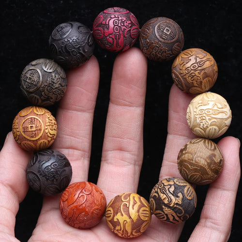 Multicolor Wooden Bracelet Men's 20mm Elastic Bead Lucky Mythical Animal Sculpture