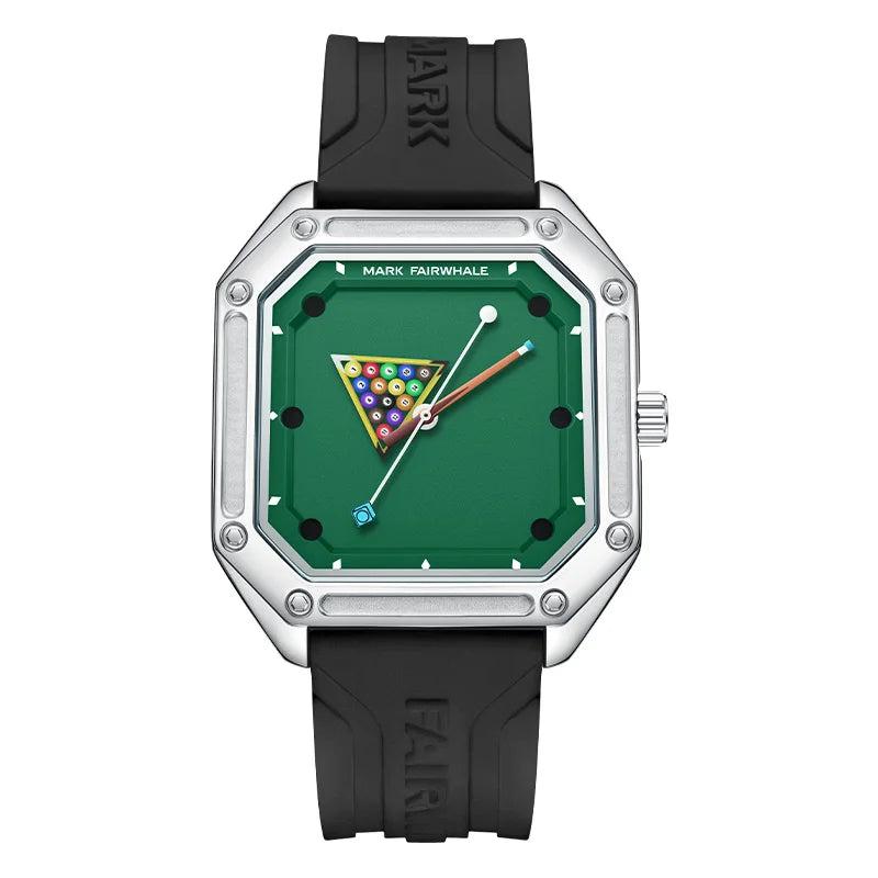 Quartz Square Case Luminous Billiards Dial Rubber Strap Watches for Men